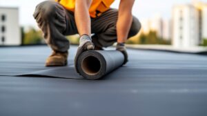 Construction worker installing a bituminous membrane waterproofing system on a flat roof
