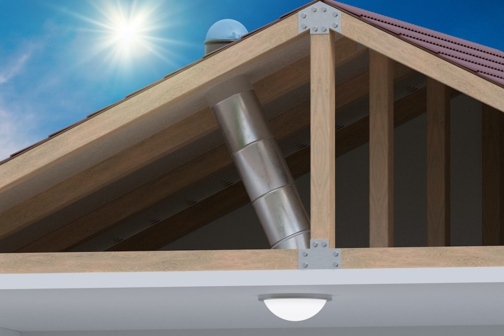 Sunlite light tube system for transporting natural daylight from roof into room. 3D rendered illustration.