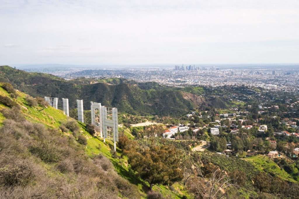 View from above the Hollywood sign, famous popular place for tourists visiting