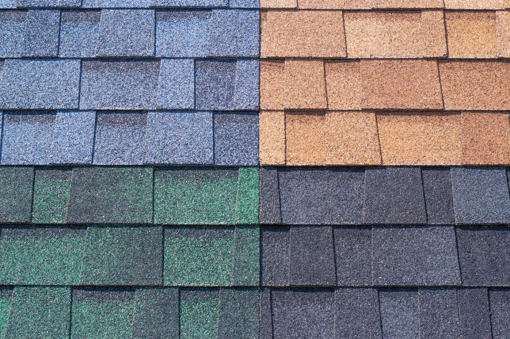 multi-colored bitumen shingles, a sample of the product advertising