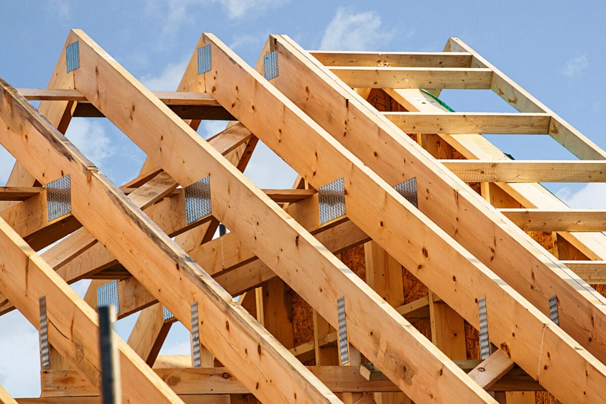 roof truss Standard timber framed building with close up on the roof trusses