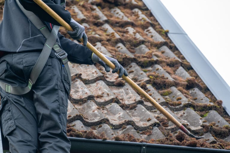 Workers cleaning roof tiles covered in moss Kumla Sweden september 29 2023