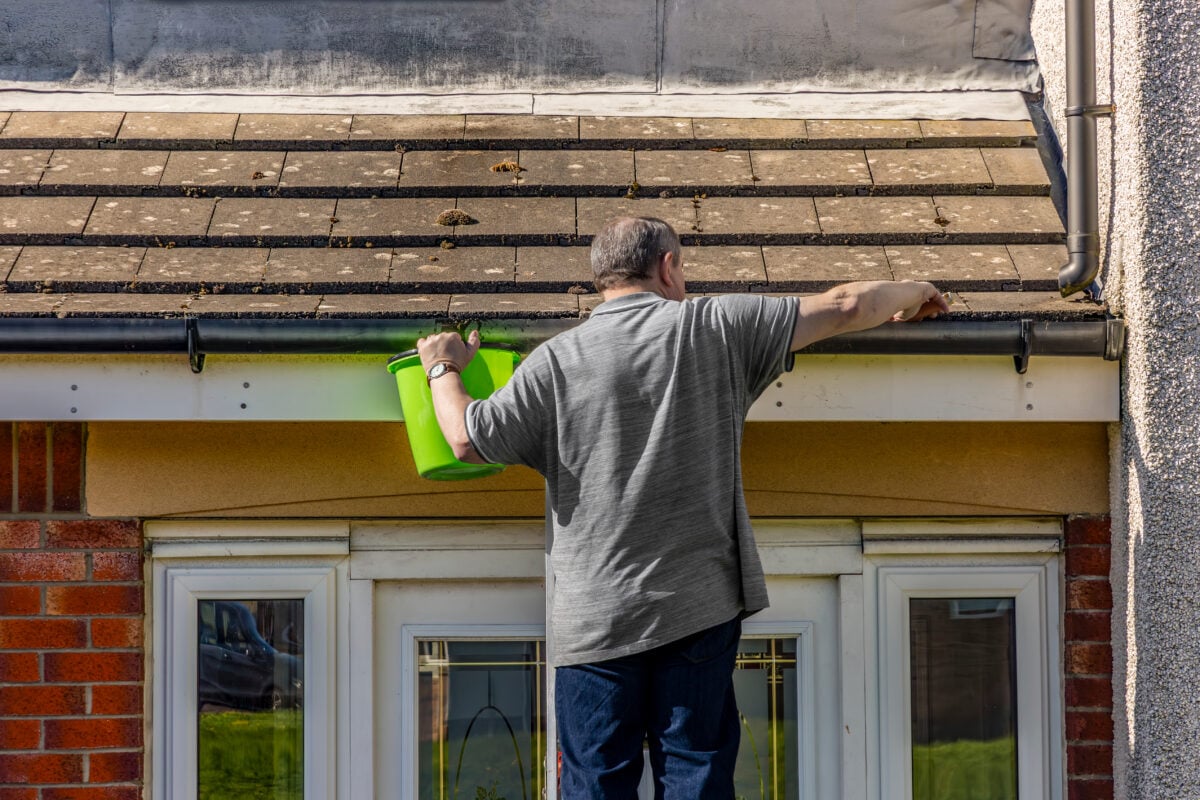 roof moss removal Man on ladder cleaning leaves and moss from house roof guttering above the front door of a house. He uses a trowel to remove the debris and places it in a green bucket that he holds in his left hand. This is ideal to illustrate for home maintenance, gutter cleaning, DIY projects, and rooftop safety content.